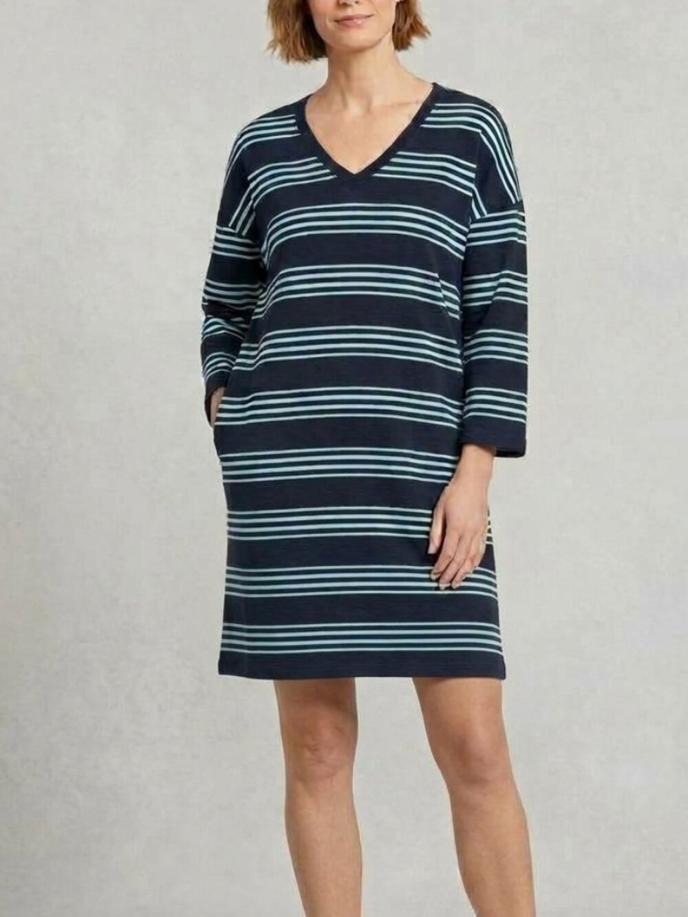 T by TALBOTS Navy/Light Blue Stripe V-neck Dress sz L